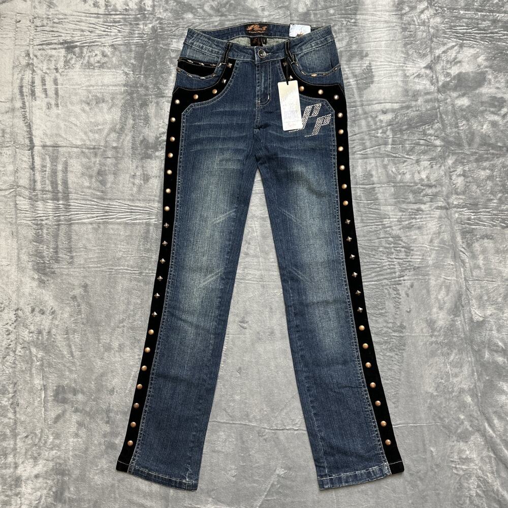 New Platinum Plush Embroidered Studded Straight Jeans Womens Size 1‎ Velvet Blue